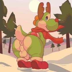 anthro anus ass balls dinim dinosaur footwear genitals green_body green_yoshi looking_at_viewer looking_back male mario_bros mostly_nude nintendo outside penis presenting rear_view reptile scalie scarf smile snow solo sweat tail yoshi