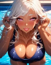 ai_generated big_breasts blush breasts cleavage close-up curvy curvy_body curvy_female curvy_figure gyaru jessica_(starlightnex) massive_breasts mommy nipple_bulge original original_character perfect_body pink_eyes pink_nails playful plump_lips pool school_swimsuit schoolgirl smile starlightnex sweet thick_lips voluptuous water water_drop wet wet_body white_eyebrows white_hair wholesome