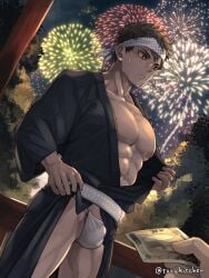 2boys abs bandana banknote bara beefy belt big_areola big_breast blush brown_eyes brown_hair bulge bulge_through_clothing collarbone ebitendon festival fireworks fundoshi grabbing_clothing hand_on_hip hi_res kimono looking_away male male_breasts male_only manly mature_male money muscles muscular muscular_legs muscular_male muscular_thighs night obi open_clothes oppai original original_character outdoors pecs prostitution rokushaku_fundoshi short_hair six_pack standing sweat sweatdrop sweating sweaty taking_clothes_off torakichi_(ebitendon) torakitchen tree white_fundoshi wooden_fence yaoi