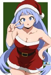 1girls big_breasts breasts female female_focus female_only long_hair looking_at_viewer my_hero_academia navel nejire_hado open_mouth peace_sign santa_costume santa_hat solo solo_female solo_focus sweat thick_thighs tsuranukko