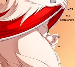 anthro biped blush bodily_fluids clothed clothing clothing_lift dialogue dress dress_lift fingers fur generation_5_pokemon heart_symbol hi_res legendary_pokemon nintendo panties pokemon pokemon_(species) reshiram son2j sweat text thick_thighs underwear white_body