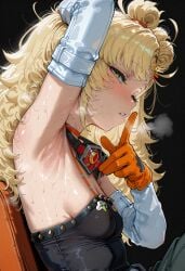 1girls 2d ai_generated armpits blonde_hair blush chaps detached_leggings detached_sleeves female female_focus female_only gloves goggles hair_ornament hi_res icosilveraiart long_hair messy_hair nipples petite piper_wheel self_upload shorts sleep small_breasts steam straps sweat sweatdrop tagme tubetop zenless_zone_zero