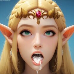 after_fellatio after_oral ahe_gao ahe_gao ahegao_face ai_generated blonde_hair braid braided_hair cum cum_drip cum_dripping cum_dripping_down_chin cum_in_mouth cumdrip earrings elf elf_ears elf_female elf_girl eyelashes face_focus female gem green_eyes long_hair nai_diffusion open_mouth oral_creampie patreon_username pointy_ears princess_zelda pujopg sidelocks simple_background the_legend_of_zelda tiara