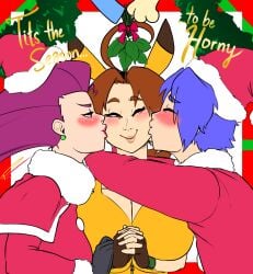 1boy 2girls bisexual bisexual_(female) both_sexes_in_same_situation christmas delia_ketchum_(pokemon) dialogue fakeryway james_(pokemon) jessie_(pokemon) kissing pleasure_castle pokemon tagme text wholesome