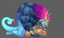 5:3 absurd_res anthro asian_mythology aurelion_sol_(lol) blue_body claws dragon duo east_asian_mythology eastern_dragon eastern_mythology feral hi_res jacob_(oc) league_of_legends male male/male mammal mythological_creature mythological_scalie mythology nude riot_games scalie sex simple_background tail tencent whit3salmon_23