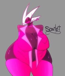 artist=smolantbit big_breasts big_thighs big_woman black_skin bug bug_girl mask maybeantart office_clothing office_lady scarlet_(maybeanart) suggestive