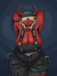 armpit_hair arms_up bbw big_breasts blonde_female blonde_hair chubby chubby_female clairemilk demon demon_girl desdemona_(fortnite) female fortnite hairy hairy_armpits hairy_female horn horned_humanoid horns huge_breasts massive_breasts overalls presenting_armpit presenting_armpits red_skin sagging_breasts tattoo thick_thighs wide_hips