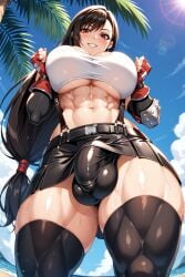 abs ai_generated beach big_breasts black_skirt bulge bulge_through_clothing erection_under_clothes erection_under_clothing final_fantasy final_fantasy_vii fit_futanari from_below futanari huge_breasts huge_bulge marivista massive_breasts muscular_futanari muscular_thighs penis_focus sky taker_pov thighs tifa_lockhart toned_female