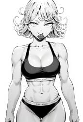 1girls ai_generated black_bra black_panties black_thong bra breasts clothed clothing condom condom_in_mouth green_eyes green_hair monochrome muscular muscular_female naughty_face one-punch_man panties seductive seductive_look smile solo sports_bra standing tatsumaki thighs thong