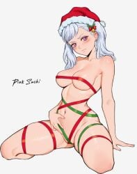 1girls big_breasts black_clover blush bondage breasts christmas covered_nipples hi_res large_breasts noelle_silva pink_sushi purple_eyes silver_hair sitting thick_thighs thighs twintails white_background wide_hips wrapped