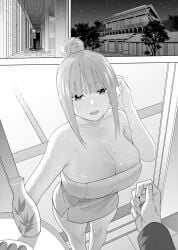 adjusting_hair armpit_crease bare_arms bare_legs bare_shoulders bare_thighs big_breasts black_and_white blush breasts cleavage collarbone doorway go-toubun_no_hanayome hair_bun kosmos_beta medium_hair nakano_nino naked_towel open_mouth ryokan smile standing thighs towel towel_only wet_body