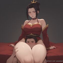 1boy 1girls ai_generated artist_name avatar_the_last_airbender azula big_breasts black_hair breasts breasts colored digital_media_(artwork) femdom front_view head_between_thighs large_breasts legs legs_together psyopsai short_hair thick_thighs thigh_squish thighs uncensored watermark