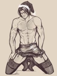 1boy castlevania christmas_outfit crossdressing facial_hair heel_boots lingerie monochrome muscular_male pecs scars stockings_thigh_highs trevor_belmont