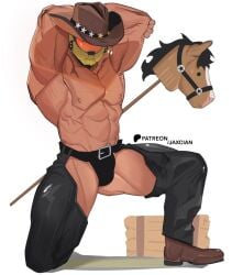 1boy armpits arms_behind_head assless_chaps chaps cowboy_hat cowboy_outfit dress_shoes haystack helmet helmet_covering_face jaxcian male male_only master_chief mjolnir muscular_male nipples patreon_logo patreon_username posing shadow shiny_clothes simple_background solo_focus solo_male stars stick_horse toy_horse underwear white_background