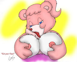 anthro bear breasts bright_heart_raccoon care_bear care_bear_cousins care_bears cheer_bear furry guardianslade licking licking_penis male/female nipples pink_body pink_fur straight unseen_male_face