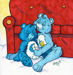 2008 bear bedtime_bear blue_fur care_bears closed_eyes clouds couch cum gay licking lilifox male_focus moon penis_grab stuffed_bear tagme tugs yaoi