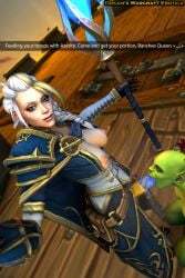 2girls 3d dreamswarart english_text female female/female human_(world_of_warcraft) human_female jaina_proudmoore light-skinned_female light_skin magic_penis magic_strap-on milf orc orc_(warcraft) orc_female outdoors strap-on tagme text world_of_warcraft yuri