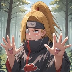 1boy ai_generated akatsuki_(naruto) blonde_hair cloak cloud_print cum cum_on_face deidara femboy mouth naruto naruto_(series) naruto_shippuden ponytail