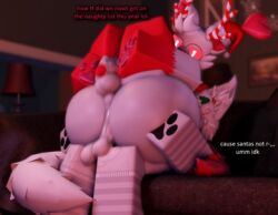 1boy 1femboy 2boys 3d antlers aphra_(mermio) carrying christmas christmas_outfit dialogue english_text femboy gay huge_ass huge_cock lowres male male/male male_on_femboy male_only mermio mermio_(oc) precum roblox robloxian sex small_penis tagme text