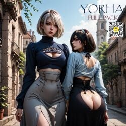 ai_generated butt_crack butt_focus cleavage cleavage_cutout costume dark_hair design high_resolution promotional_art white_hair yorha_2b yorha_9s