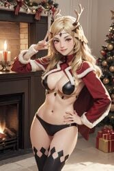 ai_generated blonde_hair christmas fire_emblem fire_emblem_fates looking_at_viewer medium_breasts ophelia_(fire_emblem) santa_costume santa_hat smile white_skin