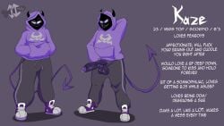 big_balls big_penis character_sheet demon demondraws glowing_eyes hoodie horns kaze_(demondraws) original_character purple_penis purple_skin sharp_teeth smile tail white_eyes