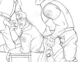 3boys adorable anal_penetration anal_sex arm_rest canon_couple cute demoman drunk drunk_sex erect_while_penetrated erection fingerless_gloves gay glasses gloves hand_on_neck hand_on_stomach head_out_of_frame heavy_weapons_guy holding_penis imminent_fellatio imminent_spitroast labcoat looking_back male male_focus male_only medic medic_(team_fortress_2) mouth_open oral_sex pants_down penis_size_difference precum_drip retracted_foreskin romantic romantic_couple romantic_sex sweatdrop team_fortress_2 threesome thrusting_into_ass yangpuppy