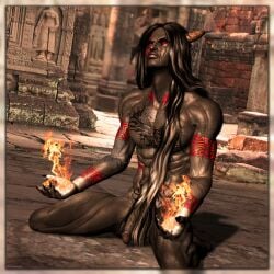 1boy 3d black_hair daedra dark_skin demon grey_skin horns long_hair male male_only mavrosh oblivion red_eyes red_tattoo scar scar_on_face solo tattoo tattoos the_elder_scrolls xivilai