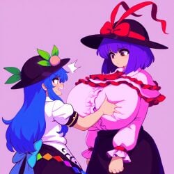 2girls ai_generated angry breast_envy breast_squeeze breasts_bigger_than_head hinanawi_tenshi huge_breasts iku_nagae nagae_iku namako_daibakuhatsu_(style) red_eyes tagme tenshi_hinanawi touhou white_shirt yuri