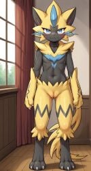 1girls 2024 ai_generated anthro black_body blue_eyes blue_fur blushing digitigrade female female_only flat_chest generation_7_pokemon hi_res indoors innie_pussy looking_at_viewer nintendo nude nude_female plump_labia pokemon pokemon_(species) pussy yellow_fur zeraora