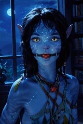 avatar avatar:_the_way_of_water ball_gag blue_skin bondage gag gagged james_cameron's_avatar kiri_(avatar) na'vi pointy_ears