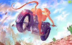 16:10 2017 5_fingers anthro anus arched_back ass biped blue_sky blush breasts brown_tail cactus clothing cloud desert detailed_background domestic_cat driving eyebrows felid feline felis female footwear gofa green_eyes hana_hakken long_tail looking_back mammal motorcycle nipples nude open_mouth outside pink_nipples pussy pussy_juice shoes signature sky solo sphynx_(cat) tan_skin vehicle