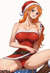 ai_generated alluring ass big_ass big_breasts black_eyes blush breasts christmas christmas_clothing christmas_hat christmas_headwear christmas_outfit cleavage earrings female female_only femaleseduction long_hair looking_at_viewer naked nami nami_(one_piece) nude one_piece orange_hair red_outfit revealing_clothes santa santa_hat santa_outfit seductive seductive_body seductive_eyes short_dress teasing z4zt3l4