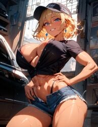 abs ai_generated big_breasts breasts cap confident fit_female hand_on_hip highleg_panties jean_shorts original original_character robin_(starlightnex) slim_waist starlightnex strong thick_hips thick_legs thick_thighs tight_clothing unbuttoned_shorts wide_hips workshop