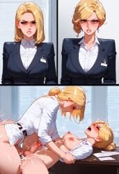 2futas angry angry_face before_and_after blonde_hair cumshot futa_on_futa futa_only futadom futanari office office_lady panels sex