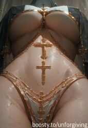 ai_generated belly belly_button covered_nipples cross dreasts glitter gold_(metal) gold_jewelry hips large_breasts navel nun nun_outfit slim sweat sweatdrop underboob unforgiving wet wet_body wet_skin