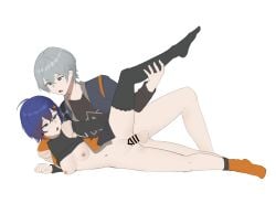 1boy absurdres azisalter bar_censor belle_(zenless_zone_zero) black_jacket black_thighhighs blue_hair bottomless breasts brother_and_sister censored female grey_hair highres incest jacket navel nipples open_mouth sex siblings spread_legs thighhighs wise_(zenless_zone_zero) zenless_zone_zero