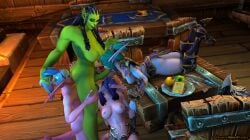 1futa 3girls barmaid dreamswarart fellatio futa_on_female futanari night_elf orc_(warcraft) rimming sucking_testicles surprised world_of_warcraft