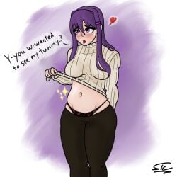 breasts doki_doki_literature_club english_text panties purple_eyes purple_hair stcordial stuttering text tummy vore_warning yuri_(doki_doki_literature_club)