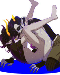 2boys anal black_hair clothing equius_zahhak facepaint fingerless_gloves gamzee_makara gay grey_skin homestuck horns ms_paint_adventures nipples open_mouth pointy_ears purple_nipples sharp_teeth shirt_lift short_hair stockings sunglasses sweat tentabulge troll white_background yellow_eyes