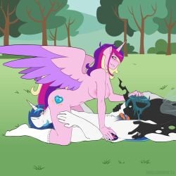 1:1 alicorn anthro areola arthropod bite biting_lip black_body breasts changeling clothing cutie_mark equid equine facesitting feathered_wings feathers female footwear friendship_is_magic genitals grass green_hair group group_sex hair hasbro hi_res hole_(anatomy) horn insect_wings male male/female mammal my_little_pony mythological_creature mythological_equine mythology nipples nude oral outside outside_sex penis pink_body plant princess_cadance_(mlp) purple_wings queen_chrysalis_(mlp) ring sex shallowwin shining_armor_(mlp) sitting_on_another socks threesome tree trio two_tone_wings unicorn white_body wings