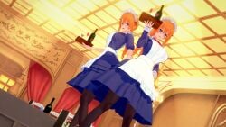 2girls 3d 3d_(artwork) big_breasts breasts clothed date_a_live dr_xidan grey_eyes koikatsu light-skinned_female long_hair maid maid_headdress maid_uniform medium_breasts orange_hair pantyhose twins wine yamai_kaguya yamai_yuzuru