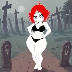 1girls ai_generated barefoot big_breasts bikini black_bikini breasts cleavage female female_only freckles goth graveyard hips navel pale-skinned_female pale_skin pinup red_hair ruby_gloom ruby_gloom_(franchise) solo thick_thighs tombstone