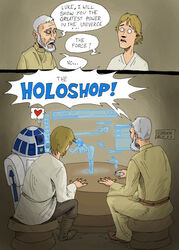 ! 1girls 3boys a_new_hope astromech_droid bent_over clothed clothed_male clothing comic computer computer_mouse dialogue droid english_text female funny heart hologram humor luke_skywalker male mastaczajnik naked nude nude_female obi-wan_kenobi old older_male photoshop pornographic_hologram princess_leia_organa r2-d2 robot speech_bubble star_wars table talking tatooine text watching young younger_male