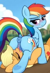 ai_generated anus applejack_(mlp) ass blonde_hair blue_body blue_fur cunnilingus equid equine female female/female feral feral_on_feral friendship_is_magic fur hasbro horse my_little_pony oral orange_body orange_fur pony puffy_anus rainbow_dash_(mlp) rainbow_hair tail yuri