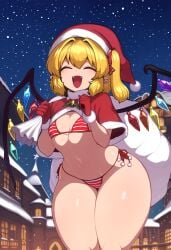 1girls 2d ai_generated bag belly belly_button bikini blonde_hair blush breasts christmas christmas_hat christmas_outfit closed_eyes crystal_wings cute_fang fangs female flandre_scarlet gloves hairbow happy night open_mouth outdoors pointy_ears present_bag shiny_hair shiny_skin short_hair side_ponytail smakiel small_breasts smile snow solo source swimwear thick_thighs thighs touhou vampire vampire_girl wings