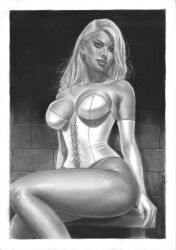 black_and_white bottomless bottomless_female breasts cleavage corset ed_benes_studio emma_frost fabiano_oliveira greyscale hellfire_club large_breasts marvel marvel_comics no_panties pinup white_queen x-men