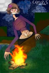 1girls big_breasts campfire cave_dweller claws dweller forest_background game_mod heart-shaped_pupils in_love jenny_belle_(slipperyt) jenny_dweller licking_lips long_neck looking_at_viewer minecraft monster_girl sharp_claws sharp_teeth steam stomach_mouth tongue wide_hips yandere