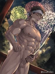 1boy abs ass_visible_through_thighs balls bandana bandana_only bara beefy biceps big_areola big_breast big_penis blush brown_hair censor_bar censored censored_penis collarbone completely_nude cum cum_explosion cum_string cum_trail cum_twice cumshot ebitendon ejaculation erection festival fireworks foreskin_folds frenulum half-closed_eyes hand_on_hip hi_res holding_penis jerking long_cumshot lots_of_cum male male_breasts male_only manly masturbation mature_male muscles muscular muscular_arms muscular_legs muscular_male muscular_thighs navel night no_body_hair oppai orgasm original original_character outdoor_nudity outdoors pecs prostitution semen short_hair six_pack standing steam steamy_breath sweat sweatdrop sweating sweaty thick_arms thick_cum thick_thighs torakichi_(ebitendon) torakitchen tree wooden_fence yaoi