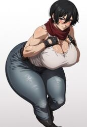 2024 ai_generated alternate_ass_size alternate_breast_size anime anime_style blush blushing_at_viewer civitai deviantart hourglass_figure huge_breasts mikasa_ackerman shingeki_no_kyojin smirking smirking_at_viewer tanktop thick thick_thighs thunder_thighs thunderthighs